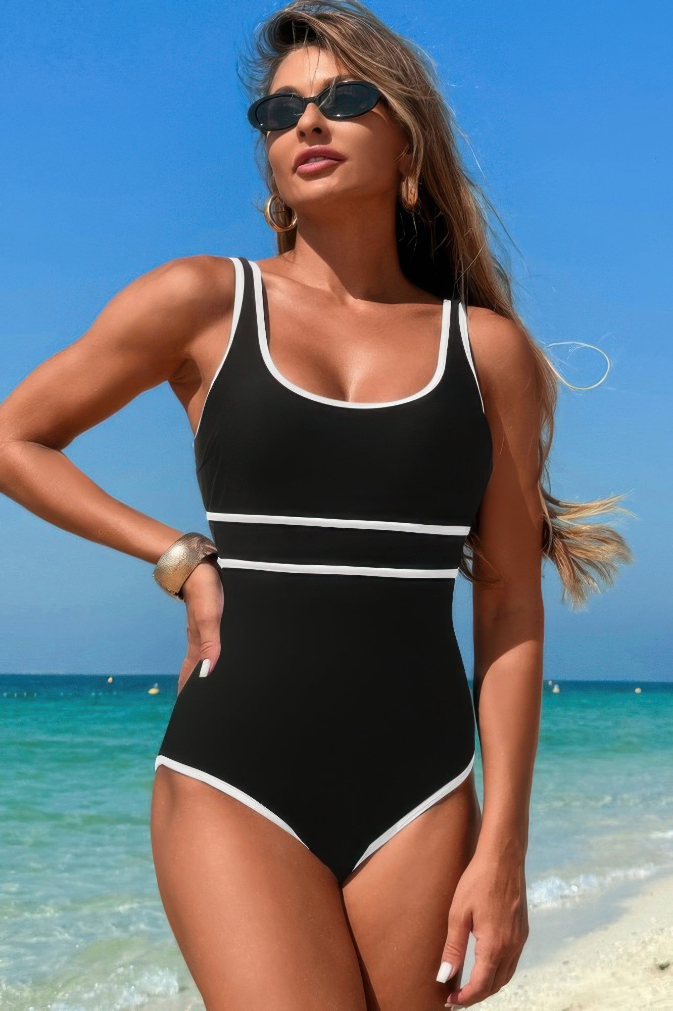 U-Neck Contrast Trim Strip One Piece Swimsuit