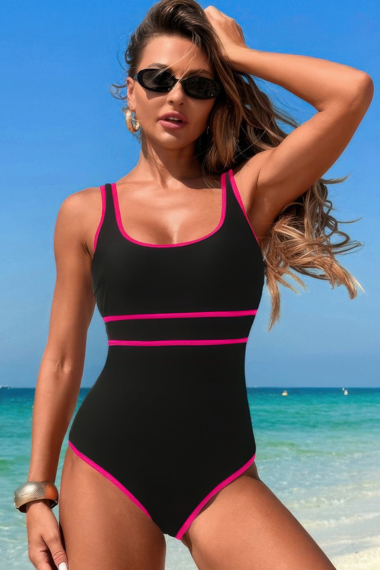 U-Neck Contrast Trim Strip One Piece Swimsuit