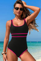 U-Neck Contrast Trim Strip One Piece Swimsuit