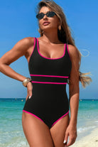 U-Neck Contrast Trim Strip One Piece Swimsuit
