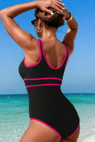 U-Neck Contrast Trim Strip One Piece Swimsuit