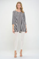 Houndstooth Print Ity Fabric Quarter Sleeve Top