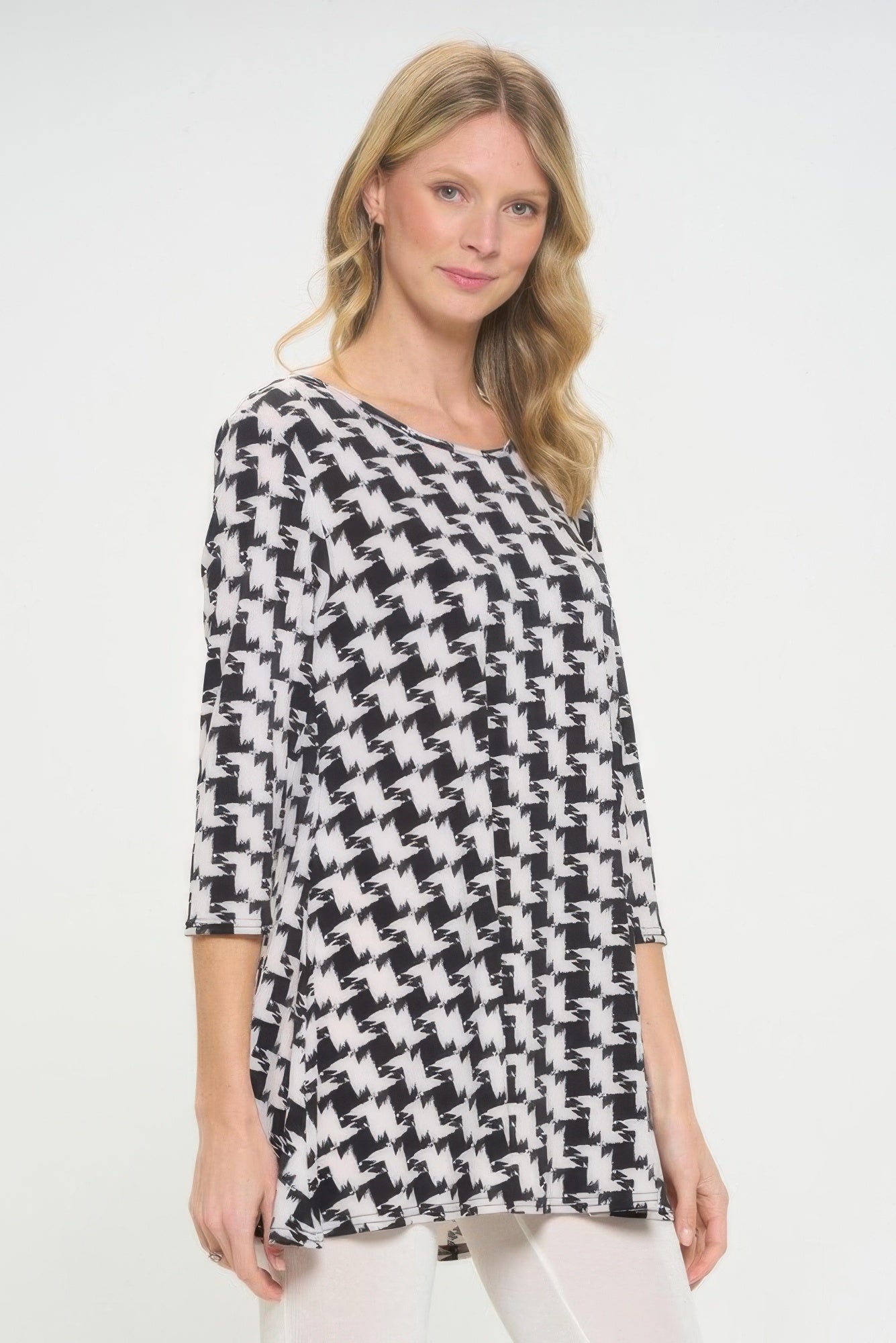Houndstooth Print Ity Fabric Quarter Sleeve Top