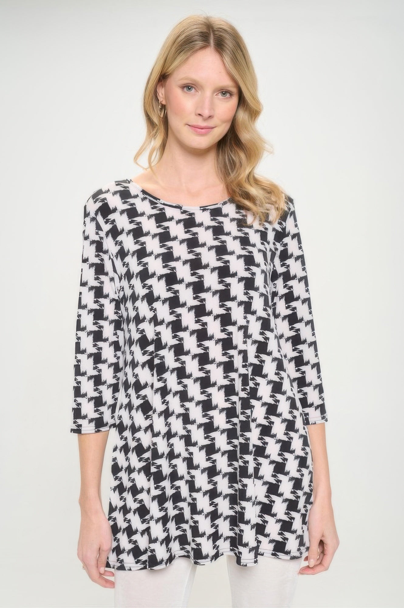 Houndstooth Print Ity Fabric Quarter Sleeve Top