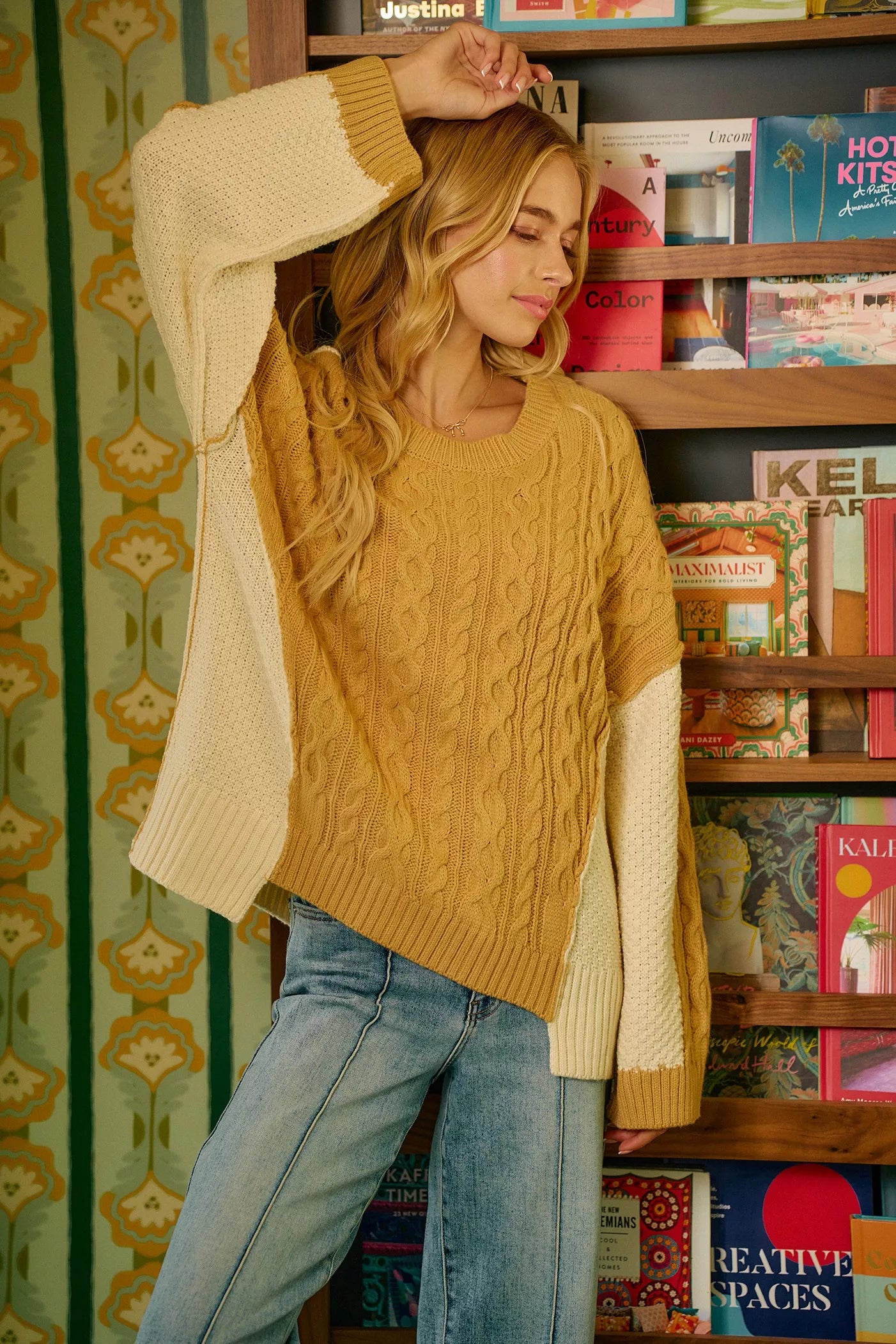 BiBi Cable Knit With Hacci Combo Sweater With Uneven Hem Detail