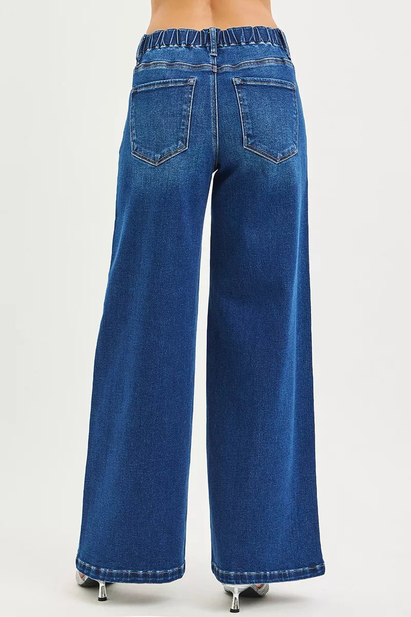 Mid Rise Drawstring Wide Side Pintuck Jeans