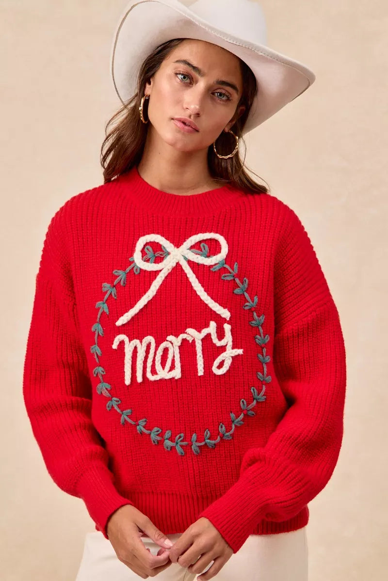 BiBi Christmas Wreath Merry Letter Knit Top