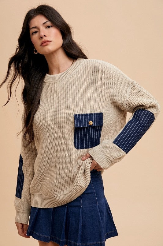 Contrast Round Neck Drop Shoulder Sweater