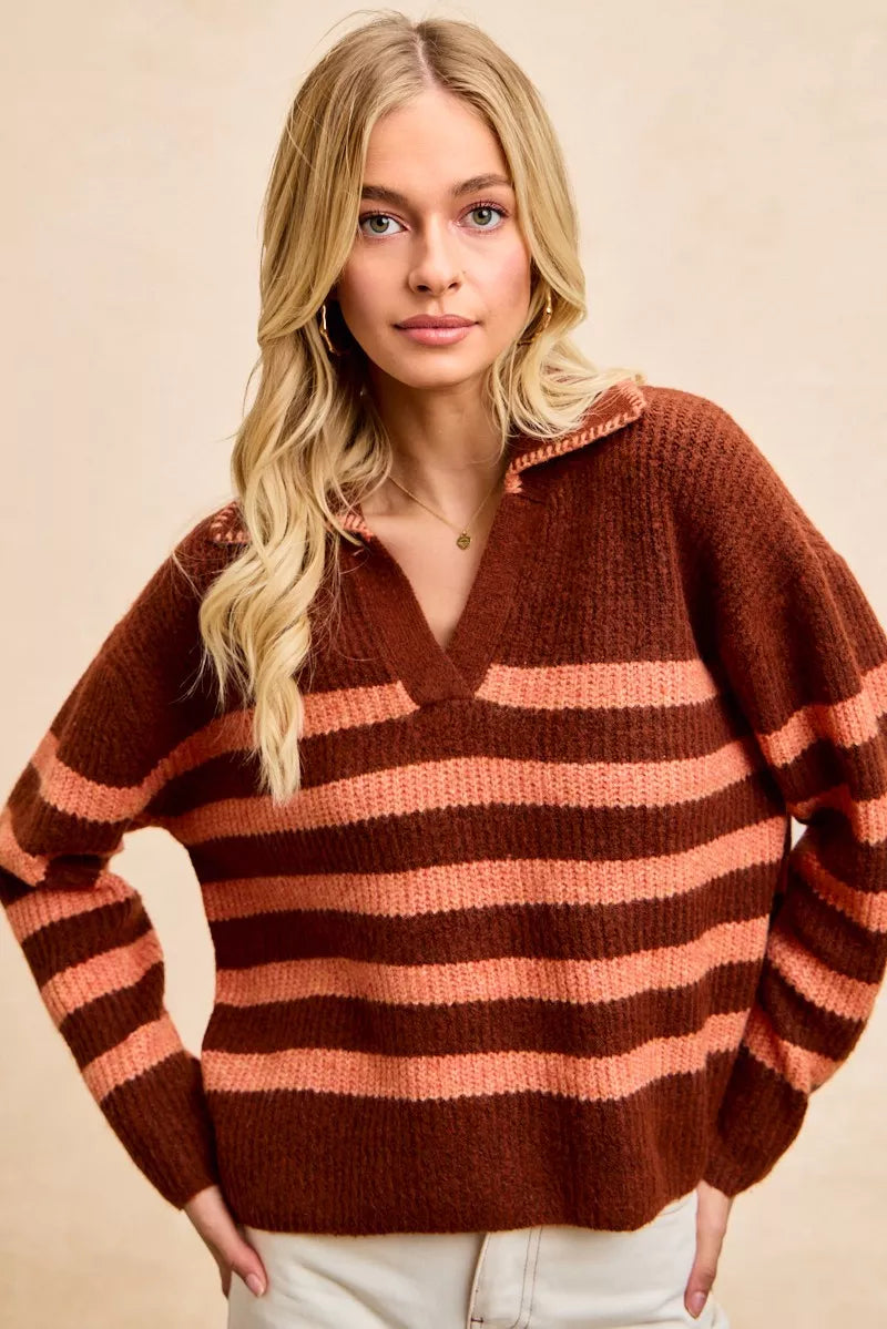 BiBi Striped Sweater Top with Collar Stitched Details