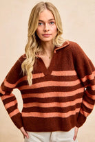 BiBi Striped Sweater Top with Collar Stitched Details