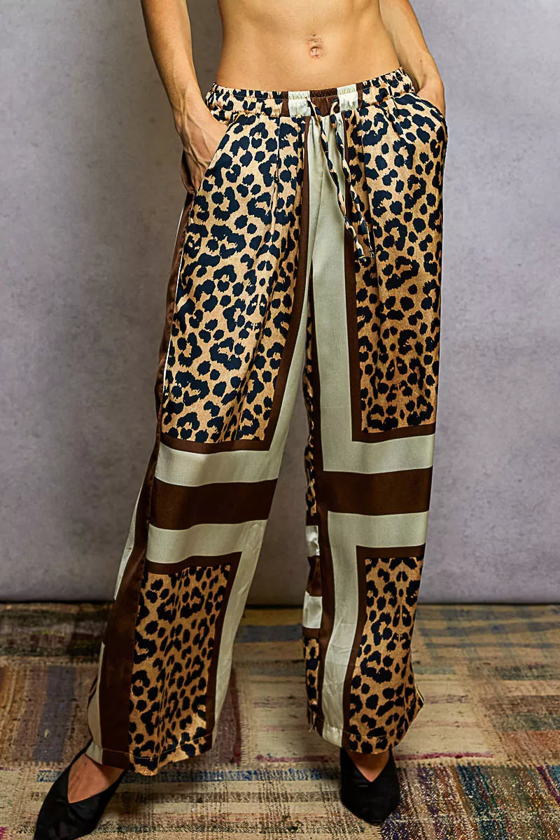 Leopard Printed Woven Wide Leg Drawstring Pants