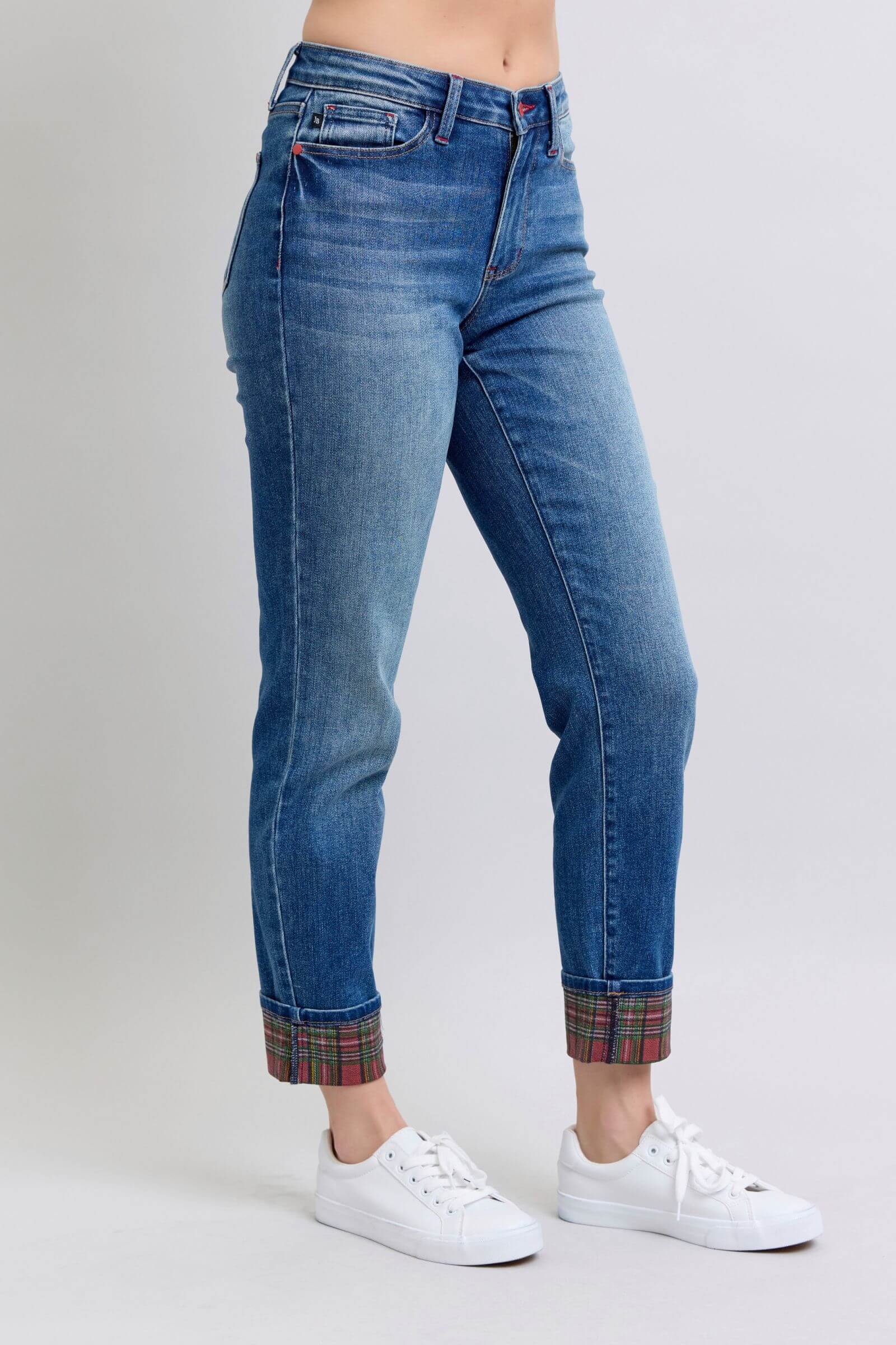 Plaid Print Cuff Straight Leg Jeans
