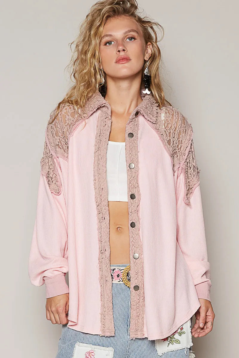 POL Lace Patchwork Button Up Shacket