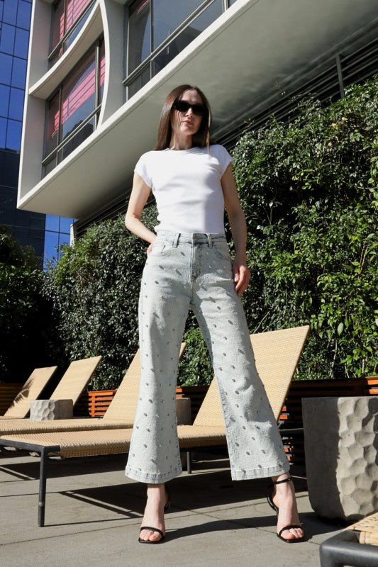 Jewel Embellished High Rise Cropped Palazzo Jeans