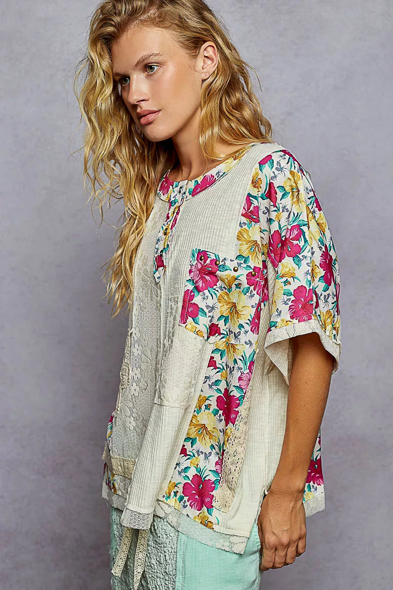 Lace Floral Pattern Top with Patch Detail