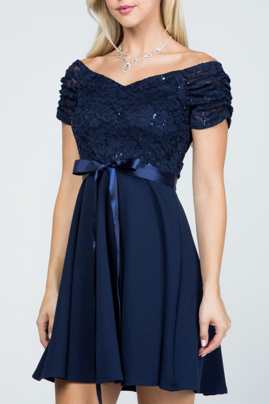 Ruched Off The Shoulder Lace Fit And Flare Dress