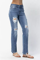Mid Rise Destroyed Straight Jeans