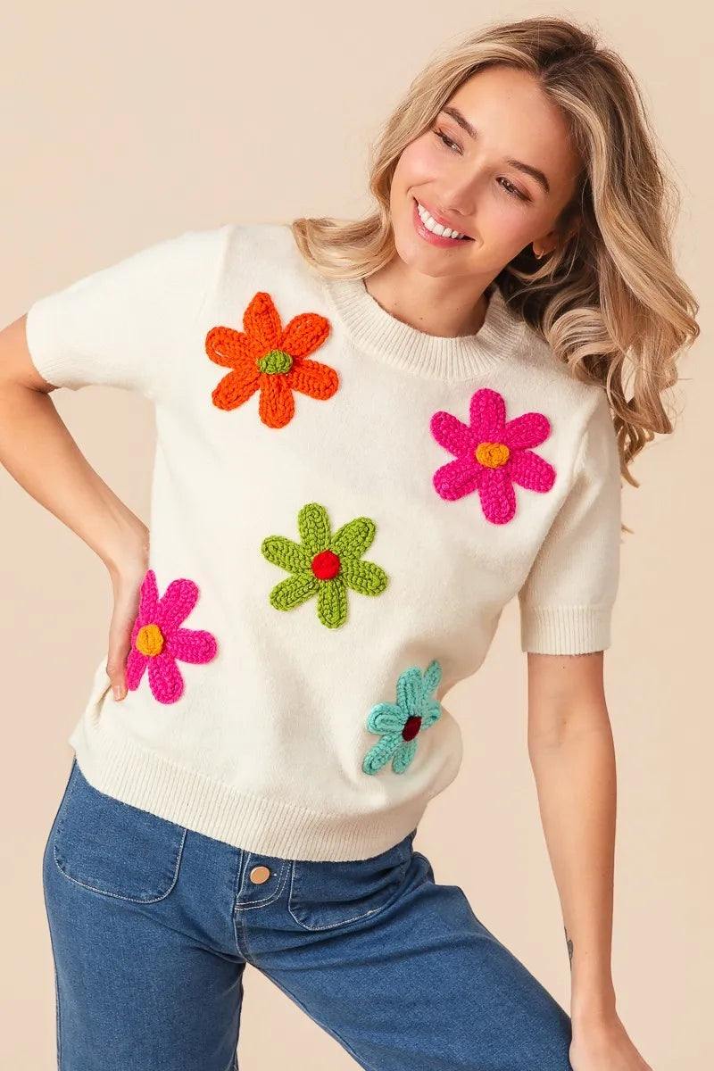 Crochet Flower Patch Sweater Top