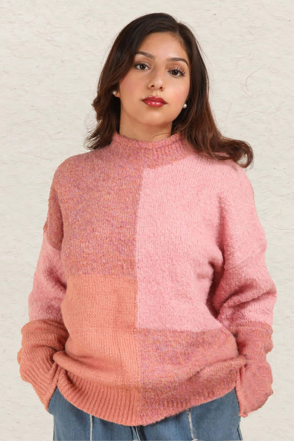 Color Block Mock Neck Sweater