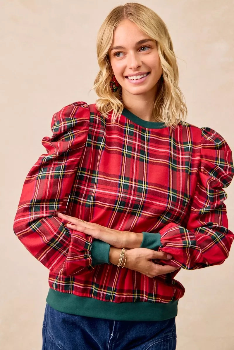 Plaid Exaggerated Shoulder Top