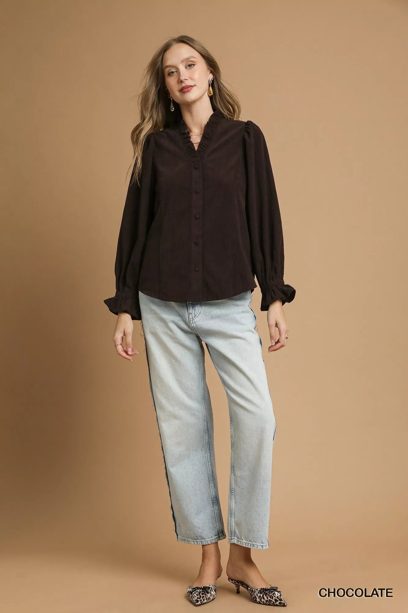 Corduroy Ruffle Shirt with Long Puff Sleeves