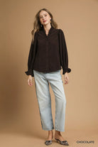 Corduroy Ruffle Shirt with Long Puff Sleeves