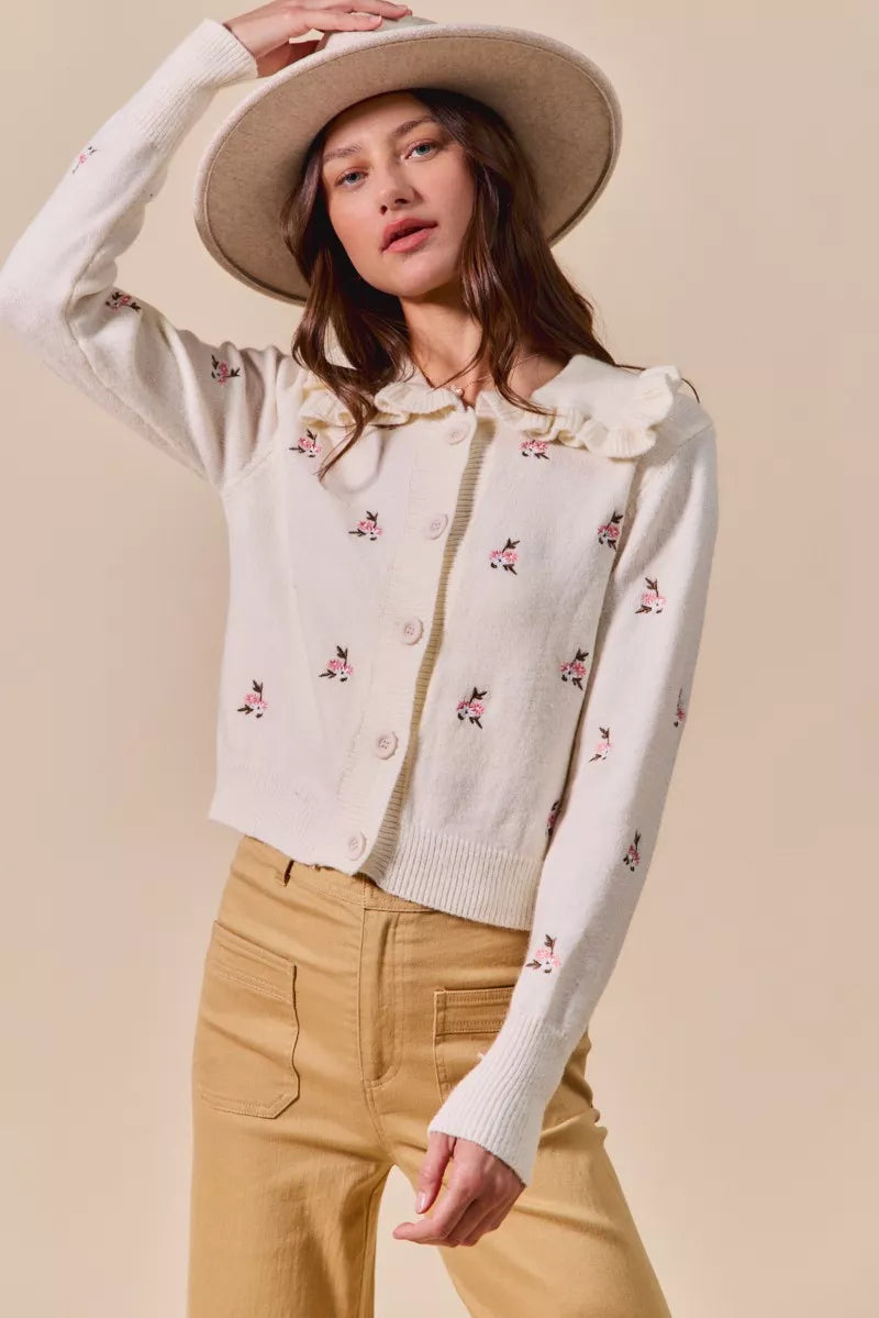 Collared Floral Embroidered Button Down Cardigan