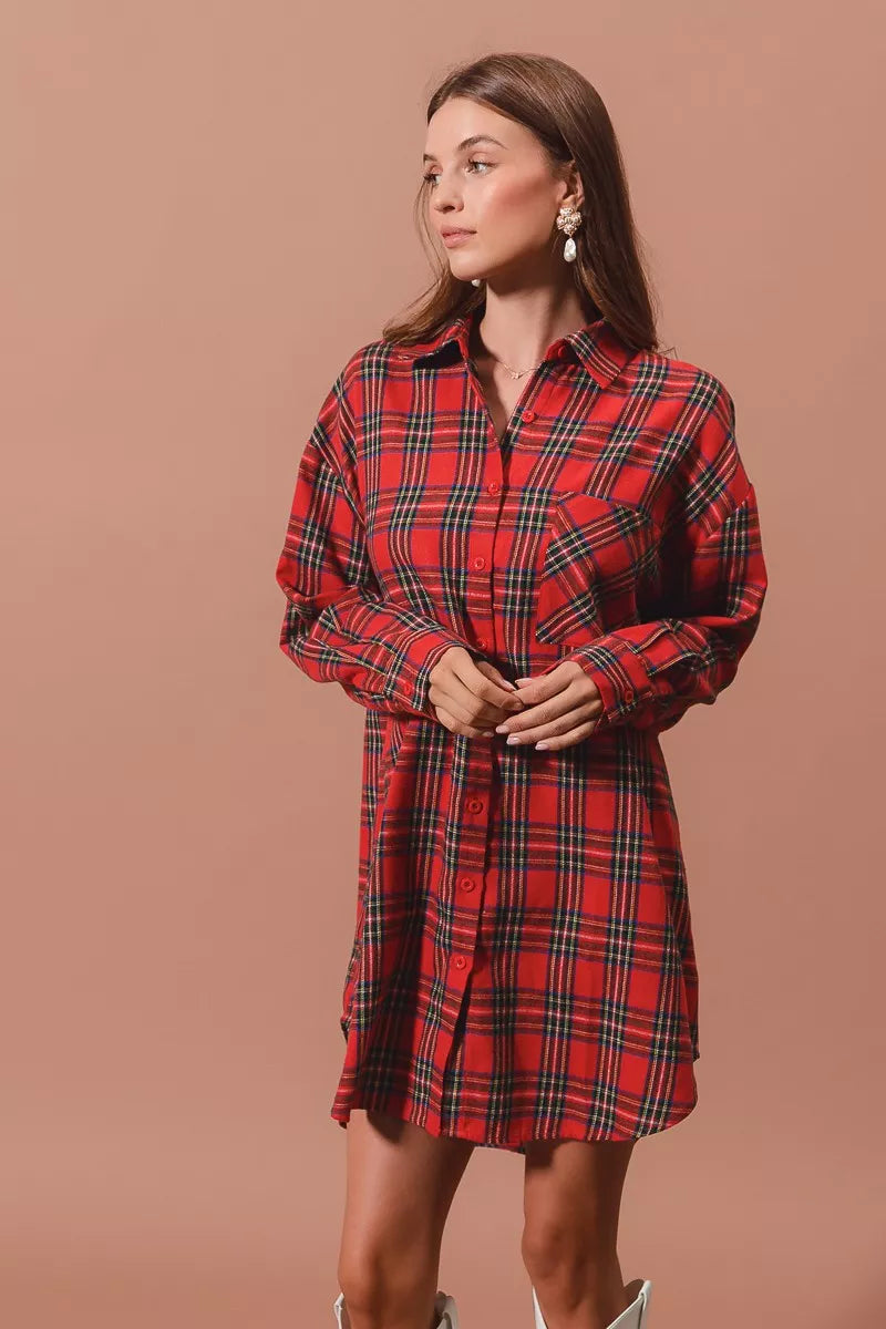 Christmas Plaid Button Up Shirt Dress