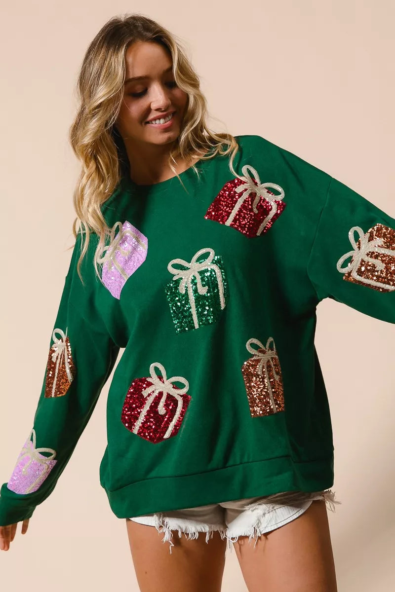 Sequin Christmas Gift Box Sweater