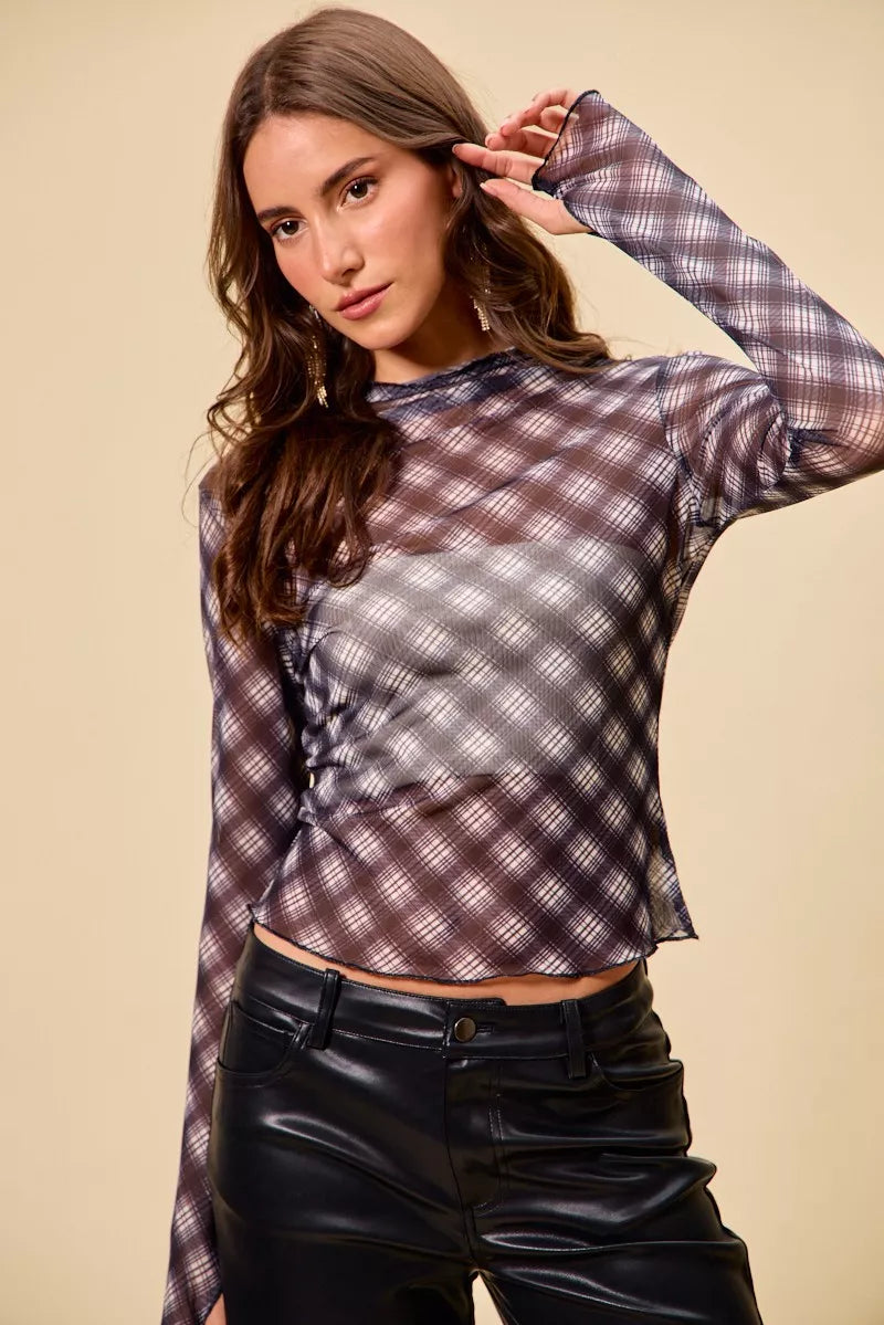 Plaid Mesh Knit Top with Thumb Opening