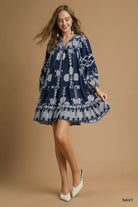 Tribal Print Dress with Tie Neck