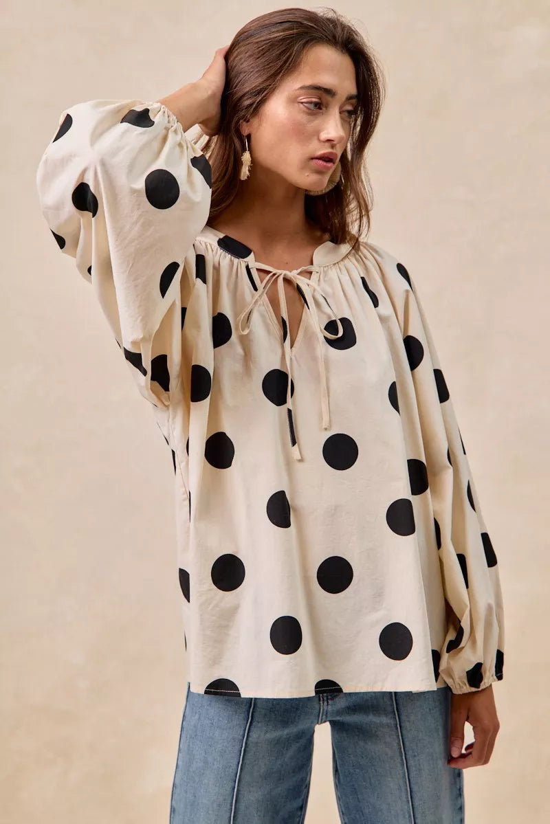 Polka Dot Balloon Sleeves Blouse
