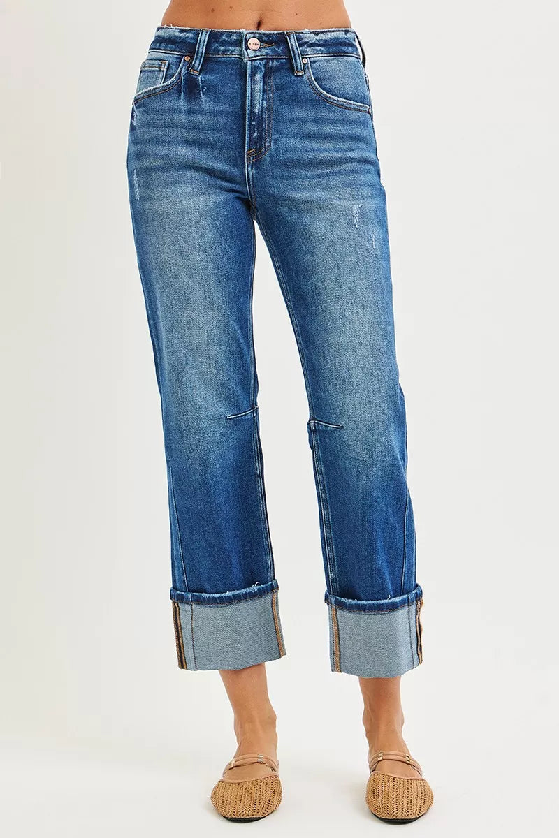 High Rise Straight Jeans with Distressed Hem
