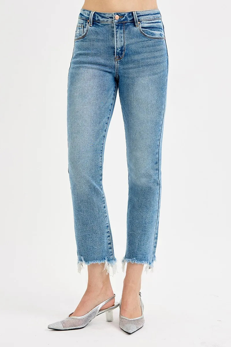 Mid Rise Crop Straight Slim Jeans