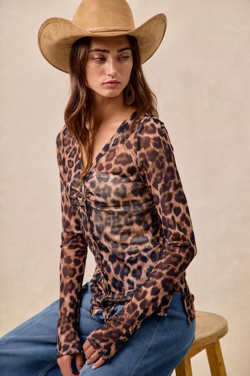 Leopard Printed Mesh Button Up Shirt