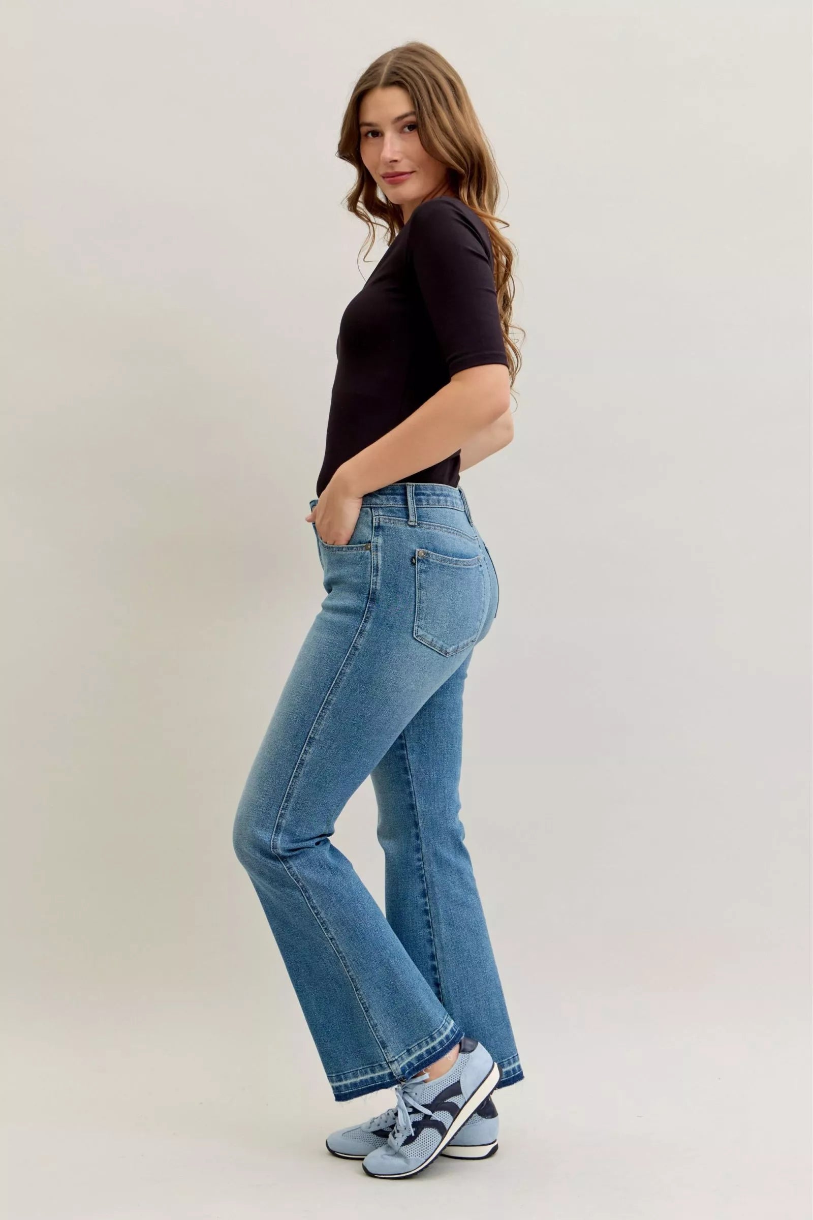 Mid Rise Slim Bootcut Tummy Control Release Hem Jeans