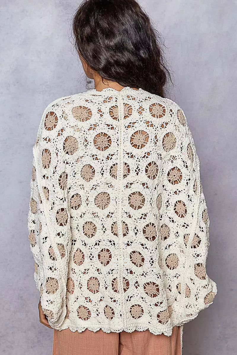 Openwork Chenille Cardigan with Contrast Floral