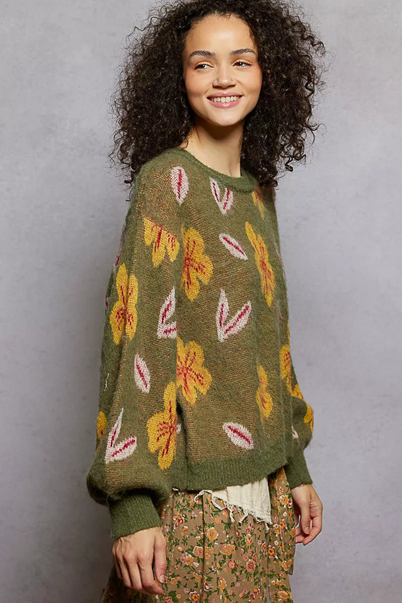 Floral Pattern Balloon Sleeve Sweater
