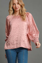 Wrinkled Round Neck Lantern Sleeve Blouse