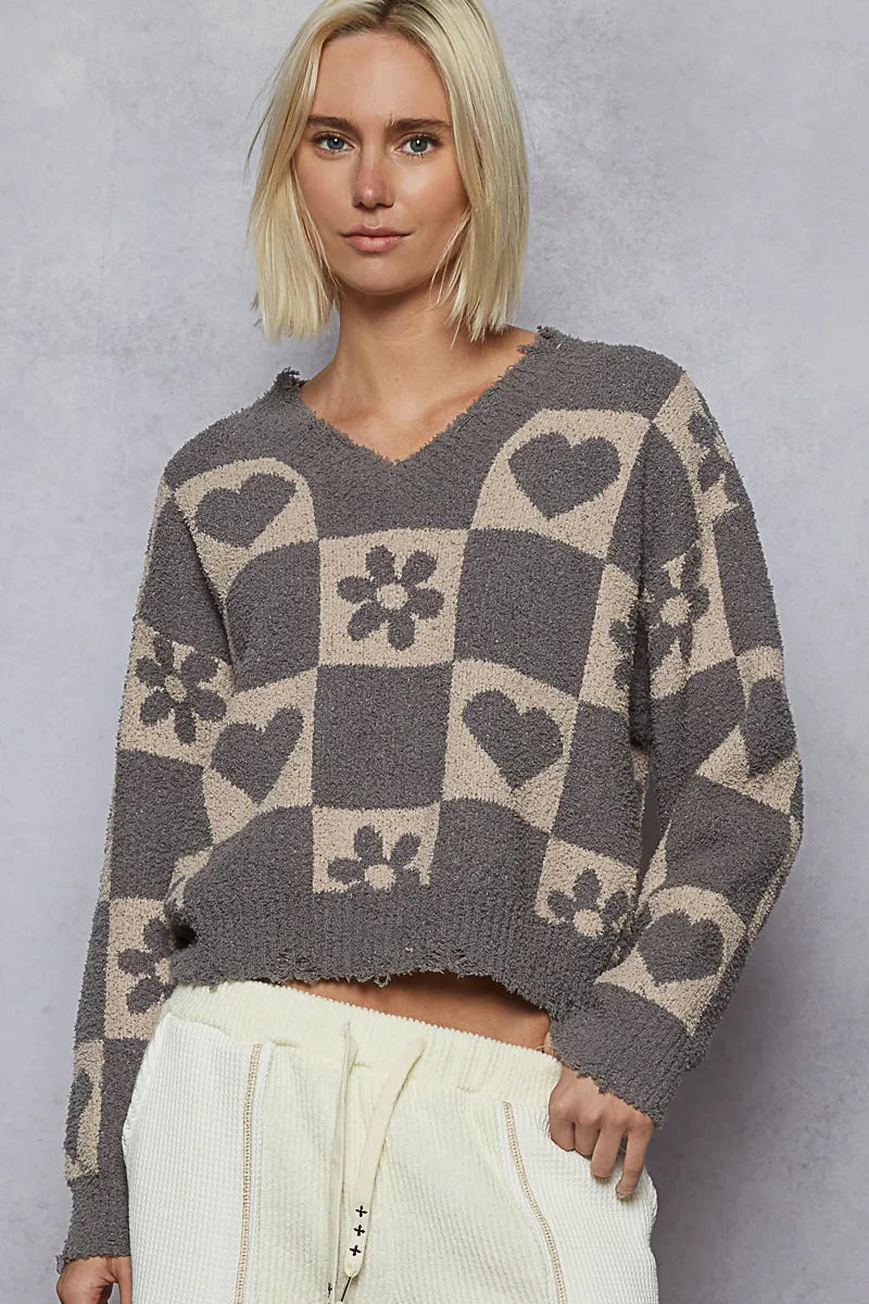 Heart Pattern Checkered Sweater