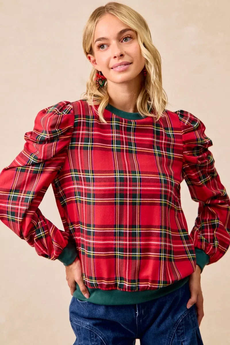 Plaid Exaggerated Shoulder Top