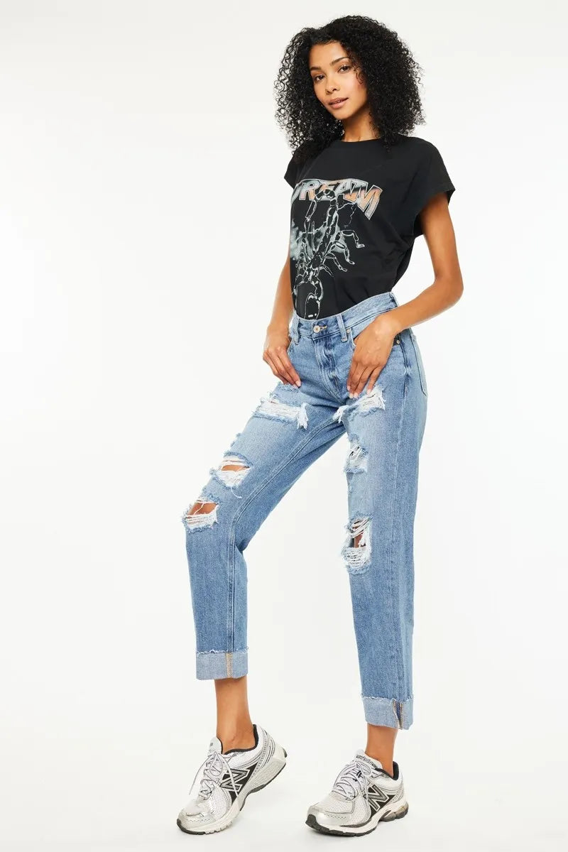 Mid Rise Distressed Boyfriend Fit Jeans
