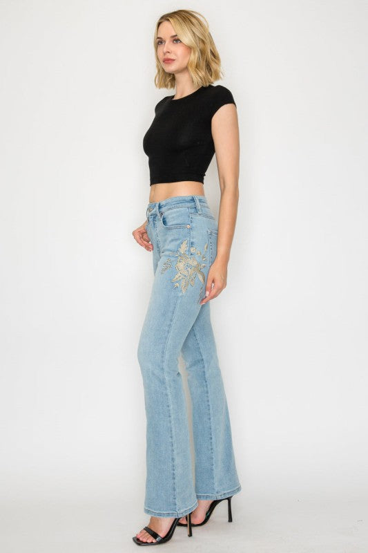 HIGH RISE EMBROIDERED MODERN BOOTCUT JEANS