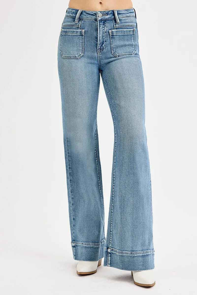High Rise Wide Flare Patch Pocket Jeans