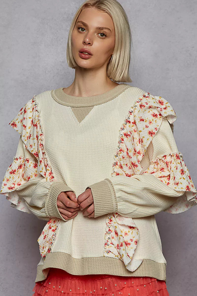 Sweater with Floral Ruffle Detail