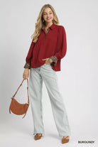 Half Button Blouse with Leopard Print Trim