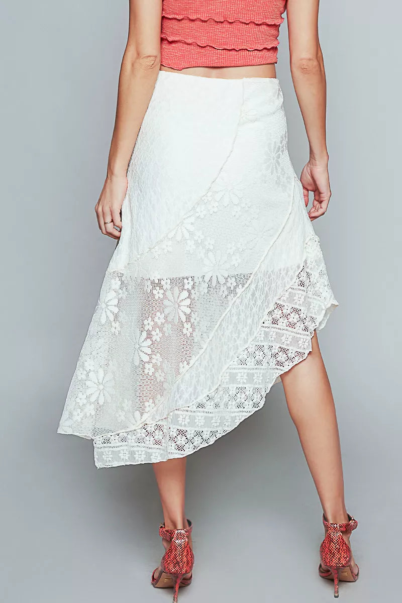 POL Ruffled Floral Lace Skirt with Unbalanced Hem