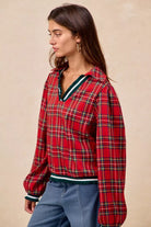 BiBi Christmas Plaid Collared Top with Ruffled Detail