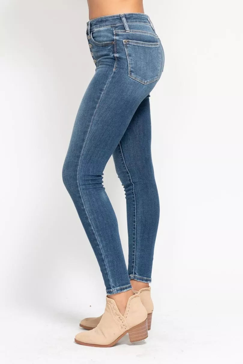 High Rise Button Fly Skinny Jeans