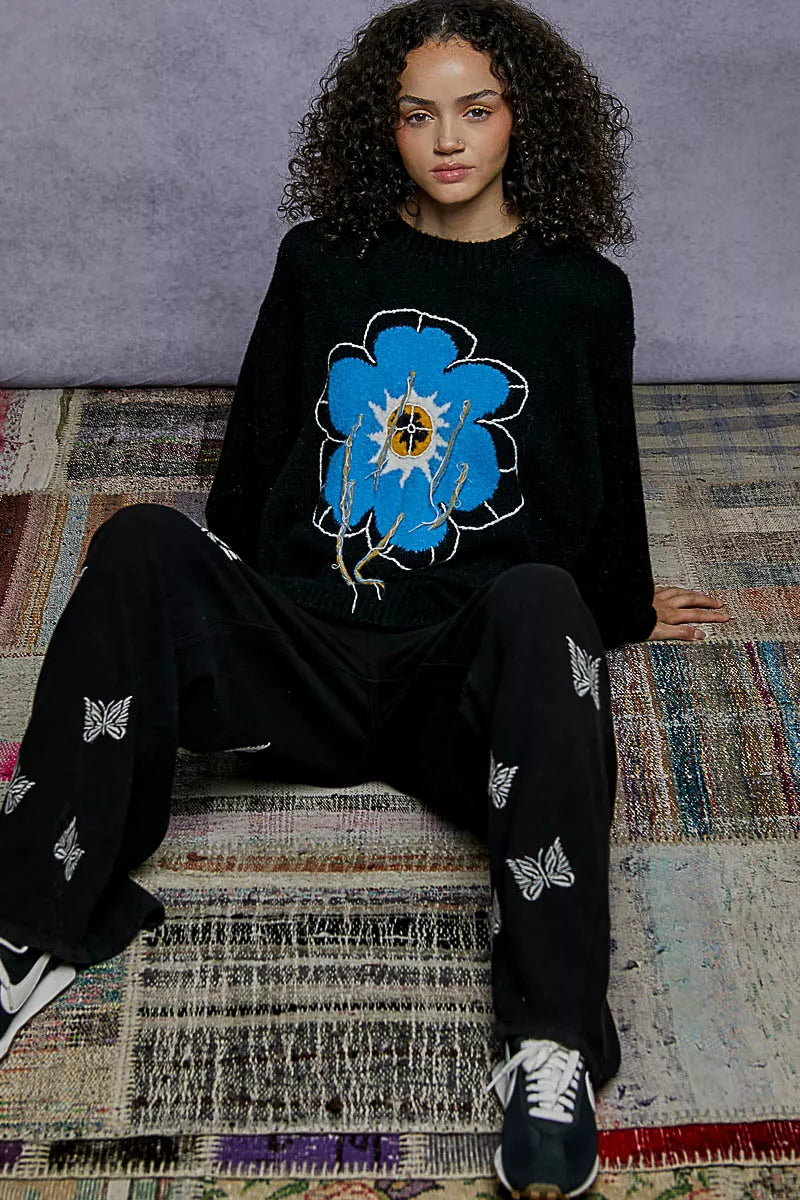 Floral Sweater with Exposed Stitching